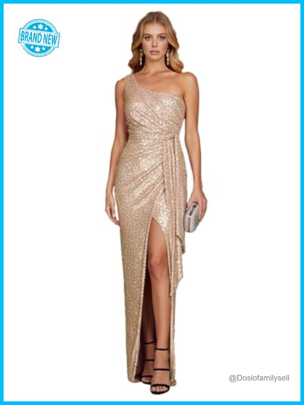 One Shoulder Sequin Maxi Prom Dress Ruched Bodycon Slit Party Evening Gown